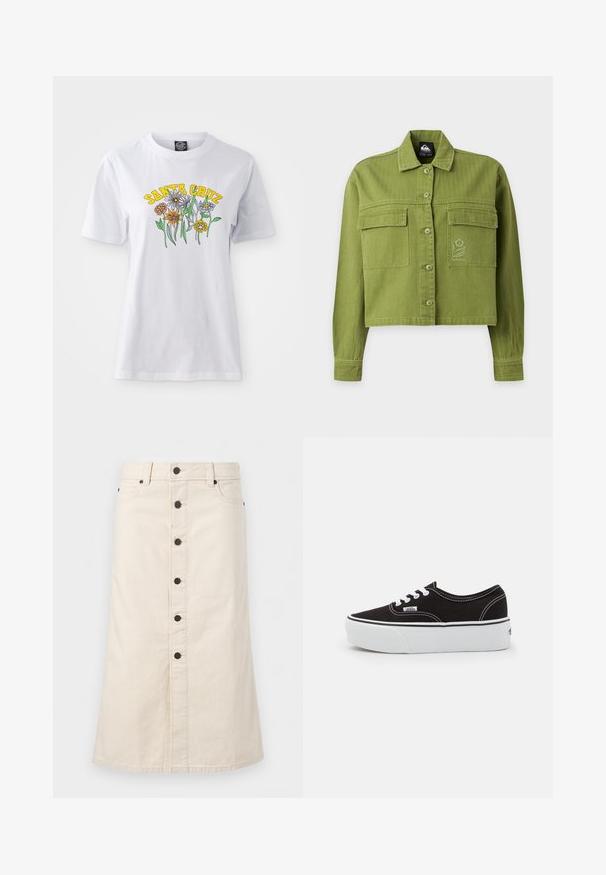 Veste courte boutonnée vert olive avec manches longues, deux poches à rabat à l'avant, et un petit logo fleur brodé sur la poche droite.; T-shirt en coton blanc avec un design floral coloré et le texte "SANTA CRUZ" en jaune, col rond, manches courtes et coupe décontractée.; Jupe en jean beige longueur genou avec boutons noirs à l'avant, passants pour ceinture et poches latérales sur un fond blanc uni.; Baskets en toile noires avec une semelle en caoutchouc blanc, dotées de lacets et de coutures blanches, marquage emblématique sur le côté, design basse.