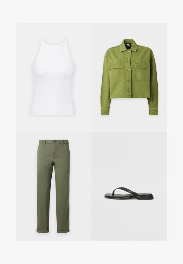 Olivengrøn cropped jakke med knapper, lange ærmer, to forlommer med klap og et lille broderet blomsterlogo på højre lomme.; Hvid ærmeløs tanktop lavet af ribbet stof, med en rund halsudskæring og en tætsiddende silhuet, med minimale sømme og ingen pynt.; Oliven grønne bomuldsbukser med en lige pasform, der har lukning med knapper foran og opkørte manchetter. Glat tekstur, minimalistisk design.; Sorte flip-flops lavet af glat læder, med et tyndt remdesign og en flad sål med et minimalt profil. Ingen bemærkelsesværdige mønstre eller accenter.
