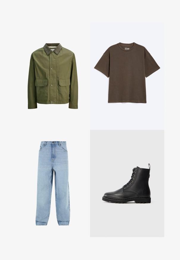 Olivenfarvet jakke med en fløjlskrave, frontknaplukning og to store påsyede lommer. Glat tekstur og afslappet pasform.; Enkel mørke olivengrøn T-shirt med korte ærmer og rund hals, med synlige syninger og et Weekday-mærke inde i kraven.; Lyseblå denimjeans med løs pasform, høj talje og fem lommer. Har bæltestropper og knaplukning. Blød tekstur.; Sort læder ankelstøvle med rund tå, snøredesign og metaløjer. Har en tekstureret sål og en pull-tab ved hælen for nem påtagning.