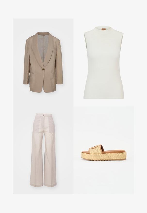 Beige blazer met een satijnen afwerking, geknipte revers, enkele knoopsluiting, twee voorzakken en een gestructureerde, licht oversized pasvorm.; Witte, mouwloze top met een hoge halslijn, met een geribbeld textuur en een getailleerd ontwerp. Merkenlabel "BOSS" zichtbaar op de kraag.; Beige wijde pantalon gemaakt van een lichte geweven stof, met een hoge taille, enkele knoopsluiting aan de voorkant en subtiele textuur.; Geweven stro slide sandalen met een tan kleurige faux leren band en een platformzool, voorzien van een textuur en een cirkelvormig accentdetail.