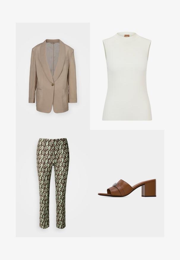 Beige blazer med satinfinish, klapkraver, enkelt knaplukning, to frontlommer og en struktureret, let oversized form.; Hvid, ærmeløs top med høj halsudskæring, der har en ribbet tekstur og et tætsiddende design. Brandlabel "BOSS" synlig på kraven.; Brune og grønne mønstrede bukser med bladdesign, slim fit, med en glat tekstur og ingen synlige lukninger eller lommer.; Brun læder mule med åbent tåparti, firkantet sølvspænde og chunky blokhæle i mellemstørrelse på en ensfarvet hvid baggrund.