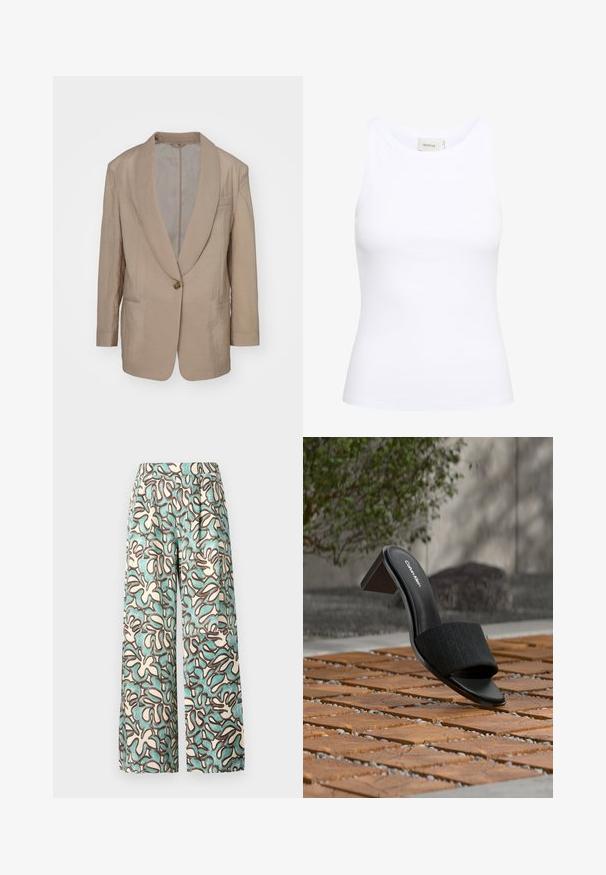 Beige blazer met een satijnen afwerking, geknipte revers, enkele knoopsluiting, twee voorzakken en een gestructureerde, licht oversized pasvorm.; Witte geribde tanktop met een ronde halslijn en zonder mouwen. Rekbaar materiaal en een aansluitend ontwerp. Het label op de achterkant zegt "GESTUZ."; Wijde broekspijpen van lichtgewicht stof met een crèmekleurige achtergrond en abstracte patronen in teal en bruin. Platte tailleband zonder zichtbare hardware.; Zwarte open teen Calvin Klein mule met blokhak op houten tegelvloer, buitenomgeving met vervaagde groenblijvende planten en betonnen achtergrond.