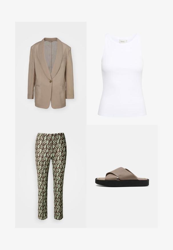 Beige blazer med satinfinish, klapkraver, enkelt knaplukning, to frontlommer og en struktureret, let oversized form.; Hvid ribbet tanktop med rund halsudskæring og uden ærmer. Strækbart stof og tætsiddende design. Etiketten bagpå viser "GESTUZ."; Brune og grønne mønstrede bukser med bladdesign, slim fit, med en glat tekstur og ingen synlige lukninger eller lommer.; Brune lædersandaler med skridsikre remme og struktureret overdel. Den sorte gummisål giver kontrast og holdbarhed.