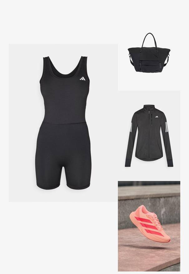 Veste de sport noire en matériau léger. Dotée d'une fermeture éclair sur le devant, d'un col haut et de trois rayures blanches sur chaque manche.; Bodysuit de sport noir avec un design ajusté, sans manches et jambes courtes. Présente un col rond et un accent logo blanc sur la poitrine.; Chaussure de sport corail clair avec des rayures rouges vives et des lacets flottant au-dessus de marches en pierre dans un cadre extérieur.; Grand sac cabas noir avec double poignées, poche zippée à l'avant et bandoulière amovible sur fond blanc.