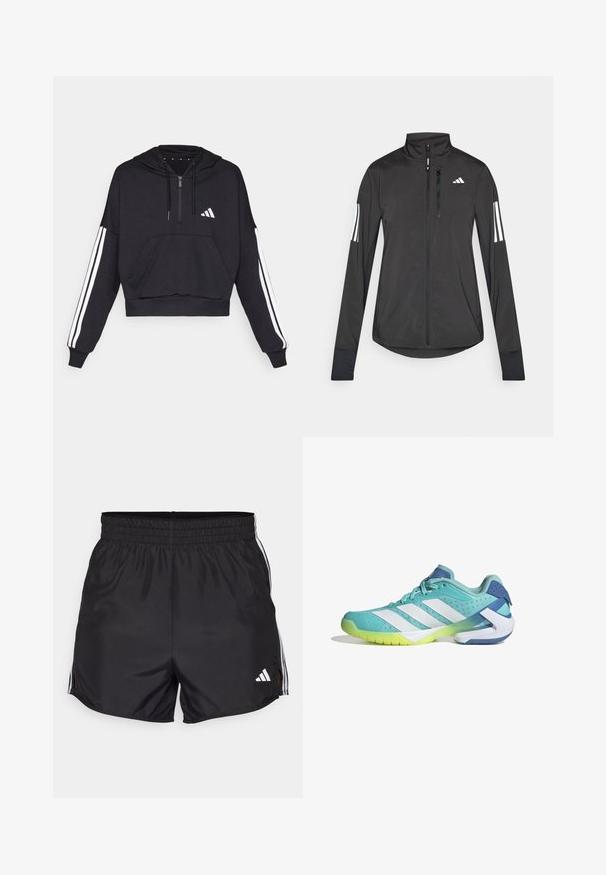 Chaqueta deportiva negra hecha de material ligero. Cuenta con una cremallera frontal, un cuello alto y tres franjas blancas en cada manga.; Sudadera corta negra hecha de tejido suave, con un bolsillo frontal, cierre de cremallera y rayas blancas a lo largo de las mangas y un logo en el pecho.; Pantalones cortos deportivos negros con cintura elástica, aberturas laterales y acentos en blanco con tres franjas. Presenta un pequeño logo blanco en la parte inferior derecha.; Zapato deportivo en tonos aqua y verde azulado con rayas blancas y detalles en azul. Presenta una parte superior texturizada y una suela acolchada con un tono amarillo verdoso.