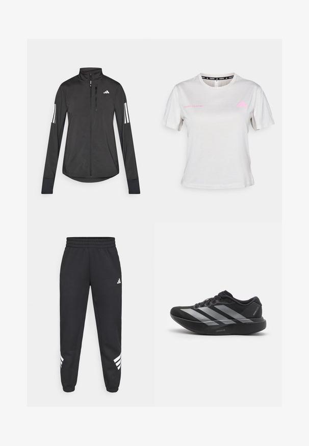 Zwarte sportjack gemaakt van lichtgewicht materiaal. Voorzien van een ritssluiting aan de voorkant, hoge kraag en drie witte strepen op elke mouw.; Lichtgrijze T-shirt met korte mouwen, met een ronde hals, "ADIDAS RUNNING" in het roze gedrukt, met het roze Adidas-logo op de borst. Zachte stofstructuur.; Zwarte sweatpants met een elastische tailleband, taps toelopende benen en een wit drie-strepenontwerp aan de zijkanten. Gemaakt van zachte stof.; Zwarte hardloopschoen met zilveren strepen, dikke gedempte zool met het label "Lightstrike Pro," zijaanzicht op witte achtergrond.