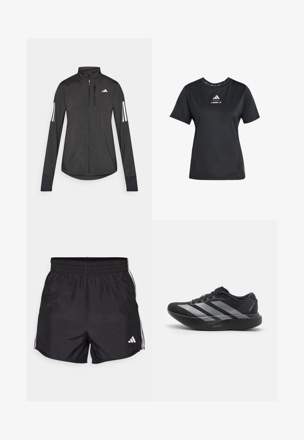 Schwarze Sportjacke aus leichtem Material. Mit einem Frontreißverschluss, hohem Kragen und drei weißen Streifen an jedem Ärmel.; Schwarzes, kurzärmeliges Sport-T-Shirt aus feuchtigkeitsableitendem Material. Es hat einen runden Halsausschnitt mit einem Logo auf der Brust und an den seitlichen Nähten.; Schwarze Sportshorts mit elastischem Bund, seitlichen Schlitzen und weißen drei Streifen Akzenten. Enthält ein kleines weißes Logo auf der unteren rechten Seite.; Schwarzer Laufschuh mit silbernen Streifen, dicke gepolsterte Sohle beschriftet "Lightstrike Pro", Seitenansicht auf weißem Hintergrund.