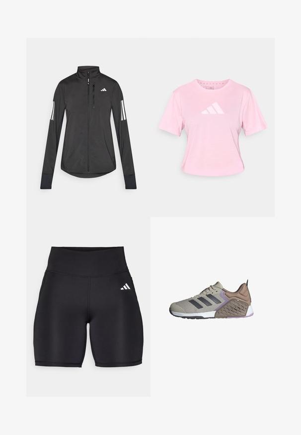 Veste de sport noire en matériau léger. Dotée d'une fermeture éclair sur le devant, d'un col haut et de trois rayures blanches sur chaque manche.; T-shirt en coton rose avec manches courtes, col rond et un logo triangulaire blanc sur le devant. Présente une coupe courte et une texture douce.; Shorts de sport noirs en tissu extensible, dotés d'une taille haute, d'une texture lisse et d'un logo à trois bandes blanches sur le côté.; Baskets de sport beiges avec des accents gris, dessus en maille texturée, col rembourré, et semelle à double densité avec un design à motifs et des détails violets.