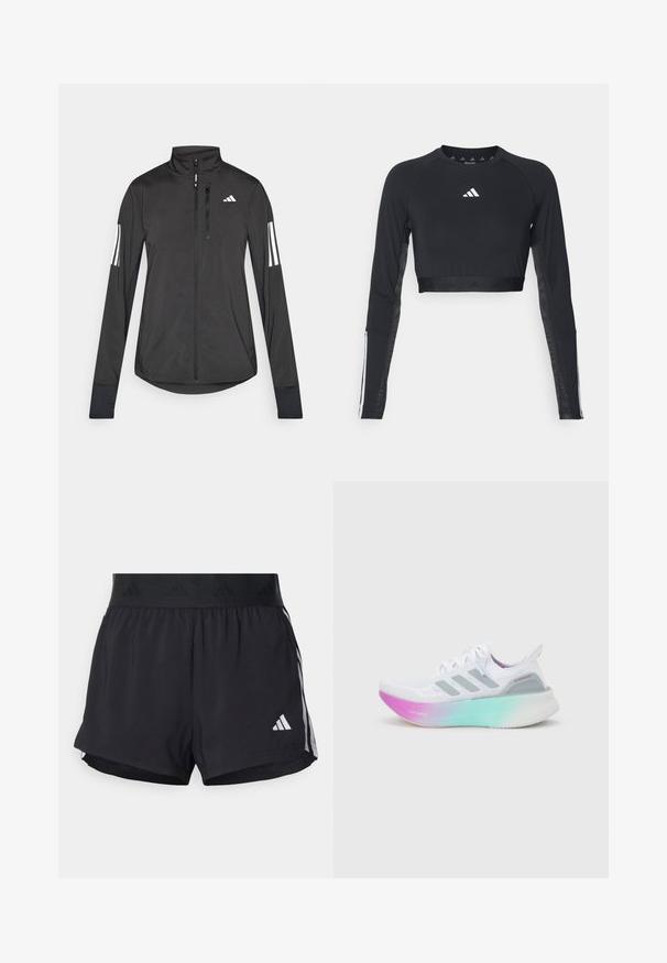 Sort atletisk jakke lavet af let materiale. Har en frontlynlås, høj krave og tre hvide striber på hver ærme.; Sort cropped træningstop med lange ærmer lavet af glat stof. Har et hvidt logo på brystet og stribede detaljer på ærmerne.; Sorte sport shorts med elastisk talje, der har et tekstureret bånd, sidestreger og et hvidt Adidas-logo på den nederste kant.; Hvid Adidas løbesko med grå striber og en tyk sål, der går fra pink til grøn, med teksten "Lightboost" og "Ultraboost".