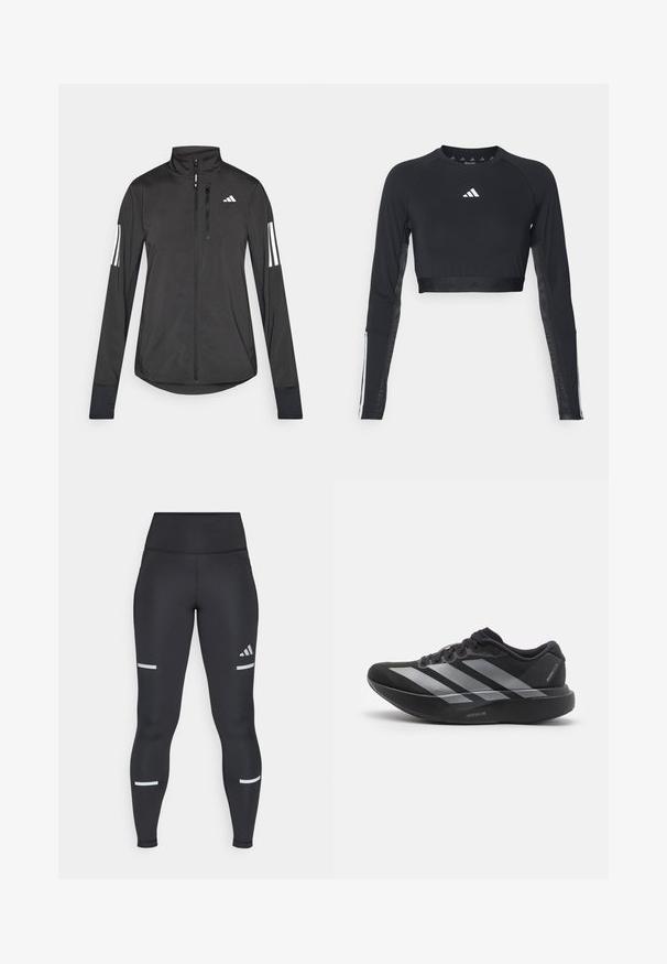 Sort atletisk jakke lavet af let materiale. Har en frontlynlås, høj krave og tre hvide striber på hver ærme.; Sort cropped træningstop med lange ærmer lavet af glat stof. Har et hvidt logo på brystet og stribede detaljer på ærmerne.; Sorte leggings med høj talje, lavet af glat materiale. Har hvide reflekterende striber nær knæene og et Adidas-logo.; Sort løbesko med sølvstriber, tyk polstret sål mærket "Lightstrike Pro," set fra siden på hvid baggrund.