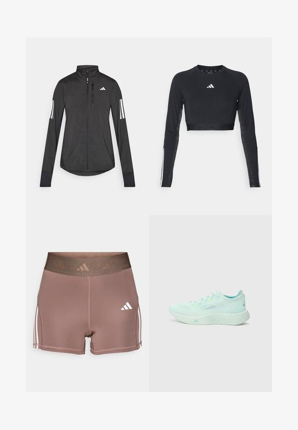 Sort atletisk jakke lavet af let materiale. Har en frontlynlås, høj krave og tre hvide striber på hver ærme.; Sort cropped træningstop med lange ærmer lavet af glat stof. Har et hvidt logo på brystet og stribede detaljer på ærmerne.; Brune træningsshorts med en bred, tekstureret talje. Har hvide tre-stribede accenter langs siderne og et lille hvidt logo.; Lyseblå løbesko med en mesh-overdel, struktureret sål og polstret krave. Har neonlysende detaljer og et strømlinet design.