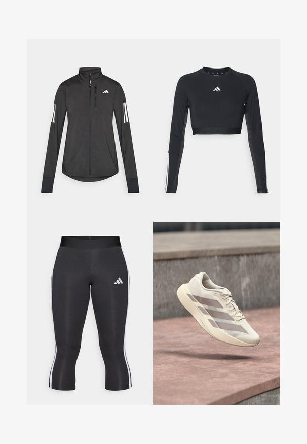 Čierna športová bunda vyrobená z ľahkého materiálu. Má zips vpredu, vysoký golier a tri biele pruhy na každom rukáve.; Čierny krátky športový top s dlhým rukávom vyrobený z hladkej textílie. Obsahuje biele logo na hrudi a pruhované detaily na rukávoch.; Čierne capri legíny s širokým pásom, so bielymi bočnými pruhmi a bielym logom Adidas na ľavom stehne. Hladká textúra.; Behajúca topánka krémovej farby s taupe pruhmi vznášajúca sa nad povrchom z červenohnedých dlaždíc a sivým kamenným pozadím.