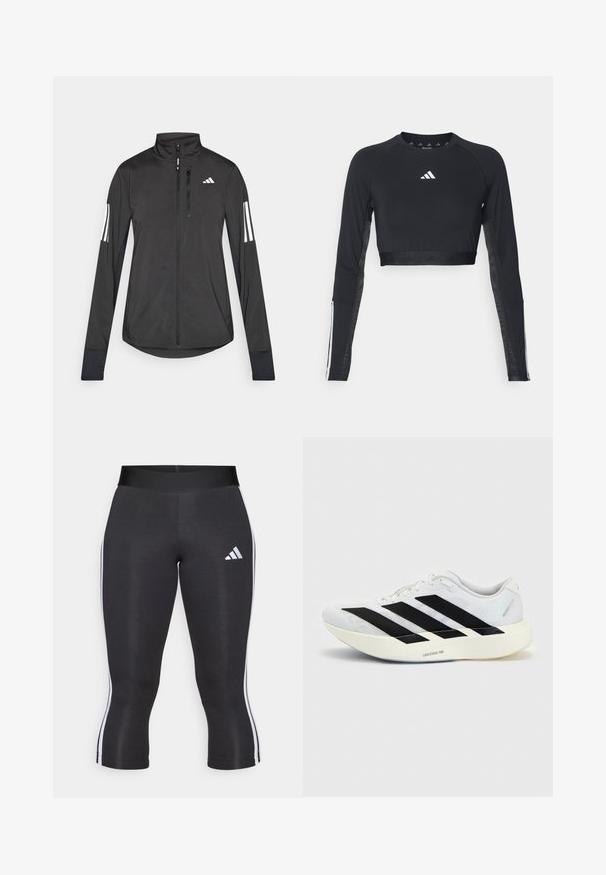 Chaqueta deportiva negra hecha de material ligero. Cuenta con una cremallera frontal, un cuello alto y tres franjas blancas en cada manga.; Top de entrenamiento negro recortado de manga larga hecho de una tela suave. Presenta un logo blanco en el pecho y acentos a rayas en las mangas.; Leggings capri negros con una cinturilla ancha, que cuentan con franjas laterales blancas y un logo de Adidas en blanco en el muslo izquierdo. Textura suave.; Zapatilla de running blanca con diseño negro de tres franjas en el lateral y suela blanca gruesa con la etiqueta "Lightstrike Pro" sobre fondo liso.