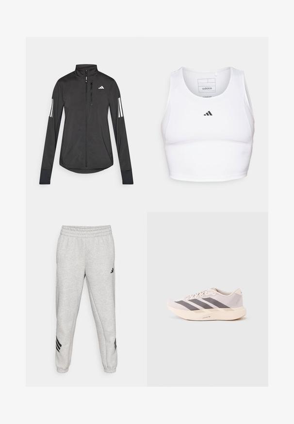 Čierna športová bunda vyrobená z ľahkého materiálu. Má zips vpredu, vysoký golier a tri biele pruhy na každom rukáve.; Biely športový crop top vyrobený z ľahkej, priedušnej tkaniny. Obsahuje sieťované bočné panely a čierne vyšitý logo na hrudi.; Svetlo sivé tepláky s rebrovaným elastickým pásom, zúženými nohavicami a tromi čiernymi diagonálnymi pruhmi blízko koncov nohavíc. Hladká textúra.; Ľahké športové tenisky v bledoružovej a šedej farbe, s priedušným sieťovaným zvrškom, troma tmavými pásmi a hrubou krémovou podrážkou označenou "LIGHTSTRIKE PRO".