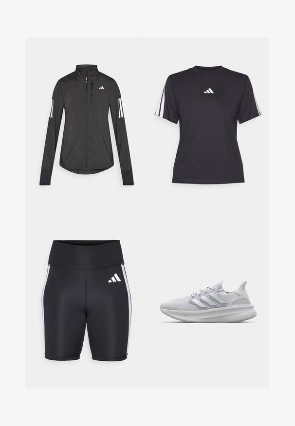 Veste de sport noire en matériau léger. Dotée d'une fermeture éclair sur le devant, d'un col haut et de trois rayures blanches sur chaque manche.; T-shirt de sport noir en tissu doux, avec un col rond, des manches courtes et trois rayures blanches sur chaque épaule. Logo blanc sur la poitrine.; Shorts de sport noirs avec une taille haute, rayures blanches sur les côtés et un petit logo blanc. Tissu lisse avec une coupe ajustée.; Baskets blanches avec une tige en maille texturée, des rayures latérales tridimensionnelles et une semelle épaisse marquée 'LIGHT BOOST'.