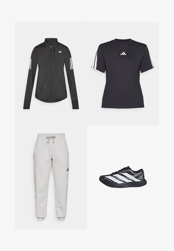Zwarte sportjack gemaakt van lichtgewicht materiaal. Voorzien van een ritssluiting aan de voorkant, hoge kraag en drie witte strepen op elke mouw.; Zwarte sport T-shirt van zacht materiaal, met een ronde hals, korte mouwen en drie witte strepen op elke schouder. Witte logo op de borst.; Lichtgrijze sweatpants met elastische tailleband en trekkoord. Met boorden aan de enkels. Zwarte logo-detail op het linkerbeen. Zacht katoenmateriaal.; Zwart-grijze hardloopschoen met drie grote witte strepen aan de zijkant en een dikke zwarte zool met het label "Lightstrike Pro".