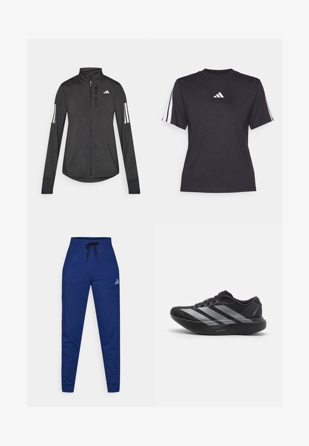 Zwarte sportjack gemaakt van lichtgewicht materiaal. Voorzien van een ritssluiting aan de voorkant, hoge kraag en drie witte strepen op elke mouw.; Zwarte sport T-shirt van zacht materiaal, met een ronde hals, korte mouwen en drie witte strepen op elke schouder. Witte logo op de borst.; Blauwe katoenen joggers met een elastische tailleband, een verstelbare zwarte trekkoord en een klein wit logo op de linker dij. Aansluitend ontwerp.; Zwarte hardloopschoen met zilveren strepen, dikke gedempte zool met het label "Lightstrike Pro," zijaanzicht op witte achtergrond.