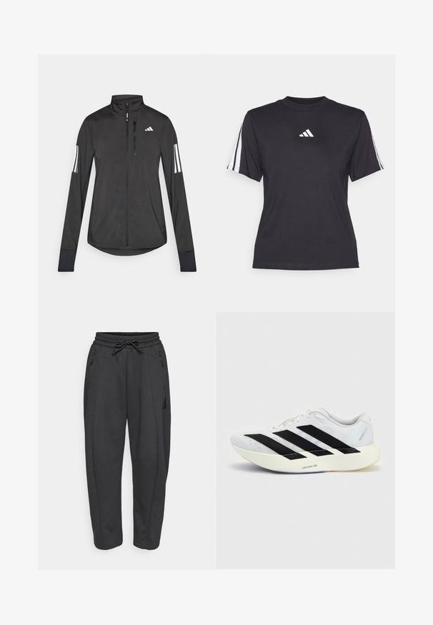Sort atletisk jakke lavet af let materiale. Har en frontlynlås, høj krave og tre hvide striber på hver ærme.; Sort atletisk T-shirt lavet af blødt stof, med rund halsudskæring, korte ærmer og tre hvide striber på hver skulder. Hvidt logo på brystet.; Sorte træningsbukser med elastisk talje, snor, sidelommer med lynlås og tapered ben. Fremstillet af et blødt, struktureret stof.; Hvid løbesko med sort tre-stribet design på siden og tyk hvid sål mærket "Lightstrike Pro" på ensfarvet baggrund.