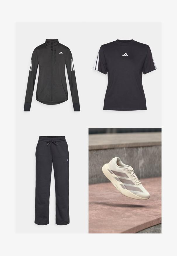 Zwarte sportjack gemaakt van lichtgewicht materiaal. Voorzien van een ritssluiting aan de voorkant, hoge kraag en drie witte strepen op elke mouw.; Zwarte sport T-shirt van zacht materiaal, met een ronde hals, korte mouwen en drie witte strepen op elke schouder. Witte logo op de borst.; Zwarte joggingsbroek gemaakt van zachte stof, met een elastische tailleband, trekkoord en een klein logo op het linkerbeen.; Roomkleurige hardloopschoen met taupekleurige strepen, zwevend boven een roodbruine betegelde ondergrond en een grijze stenen achtergrond.