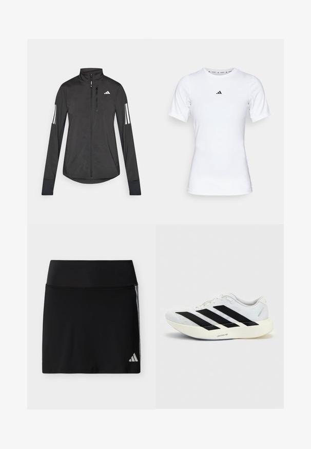 Sort atletisk jakke lavet af let materiale. Har en frontlynlås, høj krave og tre hvide striber på hver ærme.; Hvid atletisk skjorte med korte ærmer, lavet af glat, strækbart stof. Har et lille sort Adidas-logo på brystet.; Sort atletisk nederdel med bred talje, diskrete sidestriber og et lille Adidas-logo nederst til højre.; Hvid løbesko med sort tre-stribet design på siden og tyk hvid sål mærket "Lightstrike Pro" på ensfarvet baggrund.