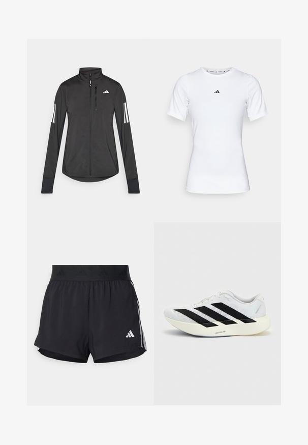 Sort atletisk jakke lavet af let materiale. Har en frontlynlås, høj krave og tre hvide striber på hver ærme.; Hvid atletisk skjorte med korte ærmer, lavet af glat, strækbart stof. Har et lille sort Adidas-logo på brystet.; Sorte sport shorts med elastisk talje, der har et tekstureret bånd, sidestreger og et hvidt Adidas-logo på den nederste kant.; Hvid løbesko med sort tre-stribet design på siden og tyk hvid sål mærket "Lightstrike Pro" på ensfarvet baggrund.