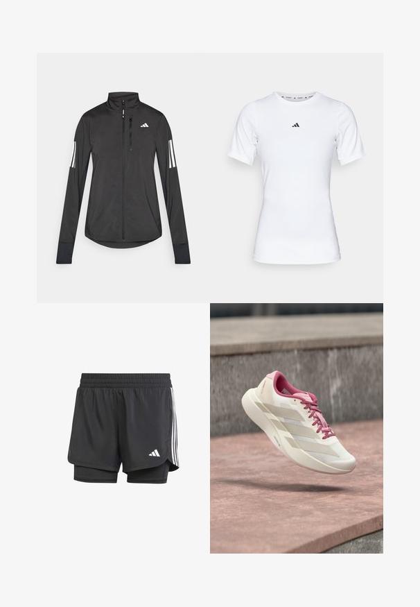 Sort atletisk jakke lavet af let materiale. Har en frontlynlås, høj krave og tre hvide striber på hver ærme.; Hvid atletisk skjorte med korte ærmer, lavet af glat, strækbart stof. Har et lille sort Adidas-logo på brystet.; Sorte atletiske shorts med indre lag, elastisk talje og hvide tre striber på siderne, der har et lille hvidt logo. Glat tekstur.; Lys beige og lyserød løbesko med polstret sål, lyserøde snører og tre beige striber svævende over en stenet overflade.