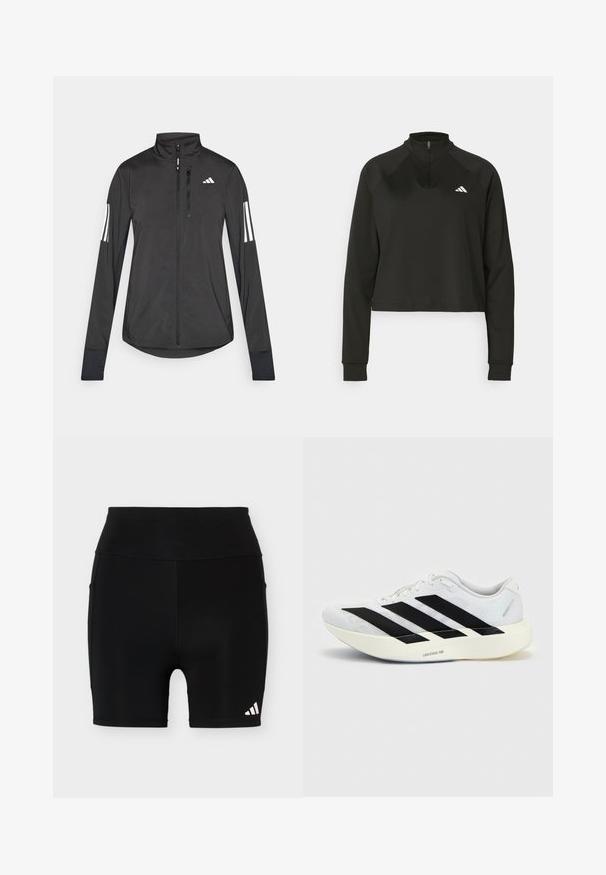 Veste de sport noire en matériau léger. Dotée d'une fermeture éclair sur le devant, d'un col haut et de trois rayures blanches sur chaque manche.; Pull-over noir à zip quart, en tissu lisse, avec des manches longues, présentant un col haut et un logo blanc sur la poitrine gauche.; Short de sport noir taille haute avec un petit logo Adidas blanc sur la partie inférieure gauche de la jambe et des poches latérales sur un fond uni.; Chaussure de running blanche avec motif trois bandes noires sur le côté et semelle blanche épaisse étiquetée "Lightstrike Pro" sur fond uni.