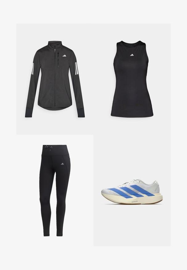 Schwarze Sportjacke aus leichtem Material. Mit einem Frontreißverschluss, hohem Kragen und drei weißen Streifen an jedem Ärmel.; Schwarzes ärmelloses Sportoberteil aus glattem Stoff. Verfügt über einen runden Halsauschnitt und ein kleines weißes Adidas-Logo auf der Brust.; Schwarze Leggings mit hohem Taillenbund, Kordelzugdetails und Seitentaschen. Hergestellt aus glattem Stoff mit reflektierendem Logo-Akzent.; Weißer Laufschuh mit drei blauen Streifen, hellbeiger dicker Sohle mit der Aufschrift "Lightstrike Pro," und weißen Schnürsenkeln vor einfachem Hintergrund.