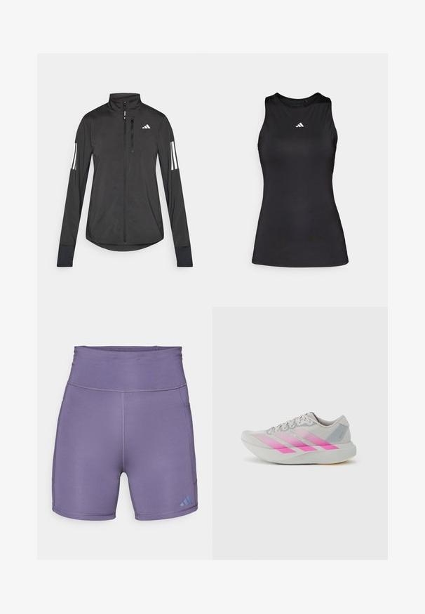 Veste de sport noire en matériau léger. Dotée d'une fermeture éclair sur le devant, d'un col haut et de trois rayures blanches sur chaque manche.; Débardeur de sport noir sans manches en tissu lisse. Il présente un col rond et un petit logo Adidas blanc sur la poitrine.; Shorts de sport violets avec une taille haute, texture lisse, et logo bleu contrastant en bas à gauche. Présente des coutures à plat.; Chaussure de course gris clair avec des rayures dégradées roses, bout arrondi, tige texturée et semelle plate avec des accents subtils et des détails de logo.