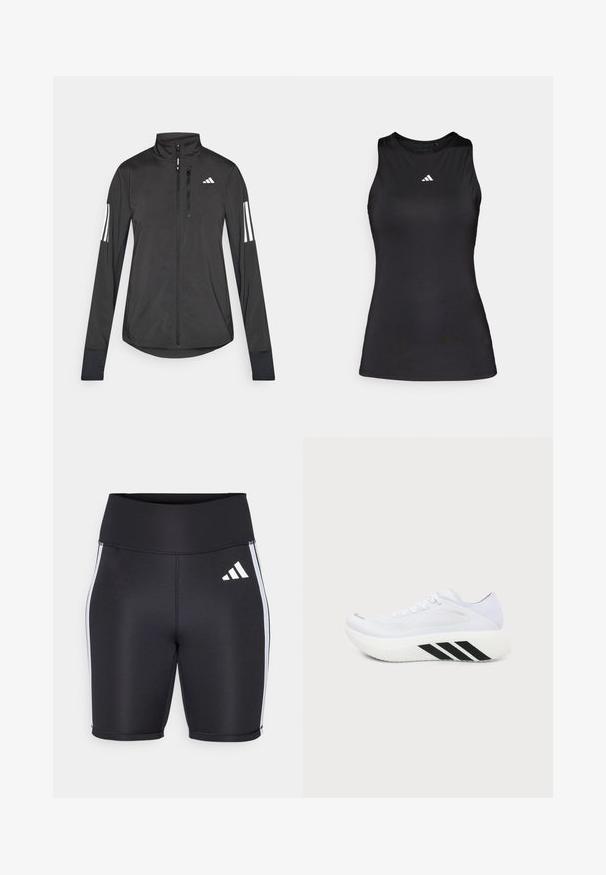 Veste de sport noire en matériau léger. Dotée d'une fermeture éclair sur le devant, d'un col haut et de trois rayures blanches sur chaque manche.; Débardeur de sport noir sans manches en tissu lisse. Il présente un col rond et un petit logo Adidas blanc sur la poitrine.; Shorts de sport noirs avec une taille haute, rayures blanches sur les côtés et un petit logo blanc. Tissu lisse avec une coupe ajustée.; Chaussure de sport blanche avec une semelle épaisse, des rayures diagonales noires sur la semelle intermédiaire, une tige en mesh et des lacets, vue de profil sur un fond uni.