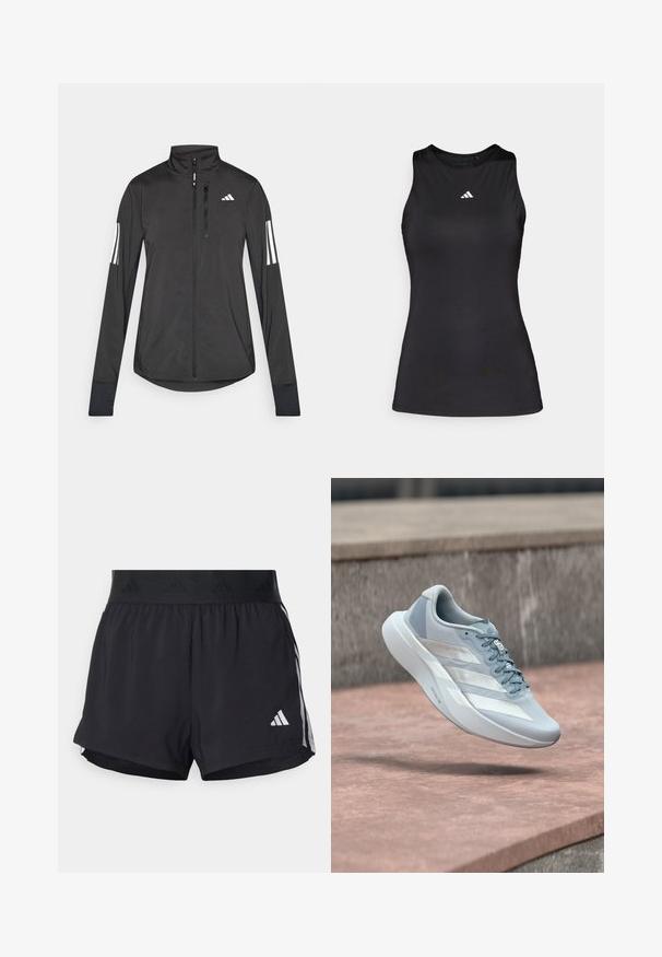 Sort atletisk jakke lavet af let materiale. Har en frontlynlås, høj krave og tre hvide striber på hver ærme.; Sort ærmeløs atletisk top lavet af glat stof. Har en rund halsudskæring og et lille hvidt Adidas-logo på brystet.; Sorte sport shorts med elastisk talje, der har et tekstureret bånd, sidestreger og et hvidt Adidas-logo på den nederste kant.; Lysegrå løbesko med hvide striber og tyk sål svæver over en pink betongoverflade med en stenvæg i baggrunden.