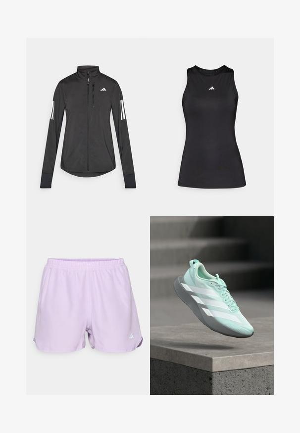Sort atletisk jakke lavet af let materiale. Har en frontlynlås, høj krave og tre hvide striber på hver ærme.; Sort ærmeløs atletisk top lavet af glat stof. Har en rund halsudskæring og et lille hvidt Adidas-logo på brystet.; Lavendel sportshorts med elastisk talje, fugtabsorberende materiale og et lille hvidt logo nederst til højre.; Lyseblå løbesko med hvide striber og grå sål, der svæver over et betontrin med slørede trapper i baggrunden.