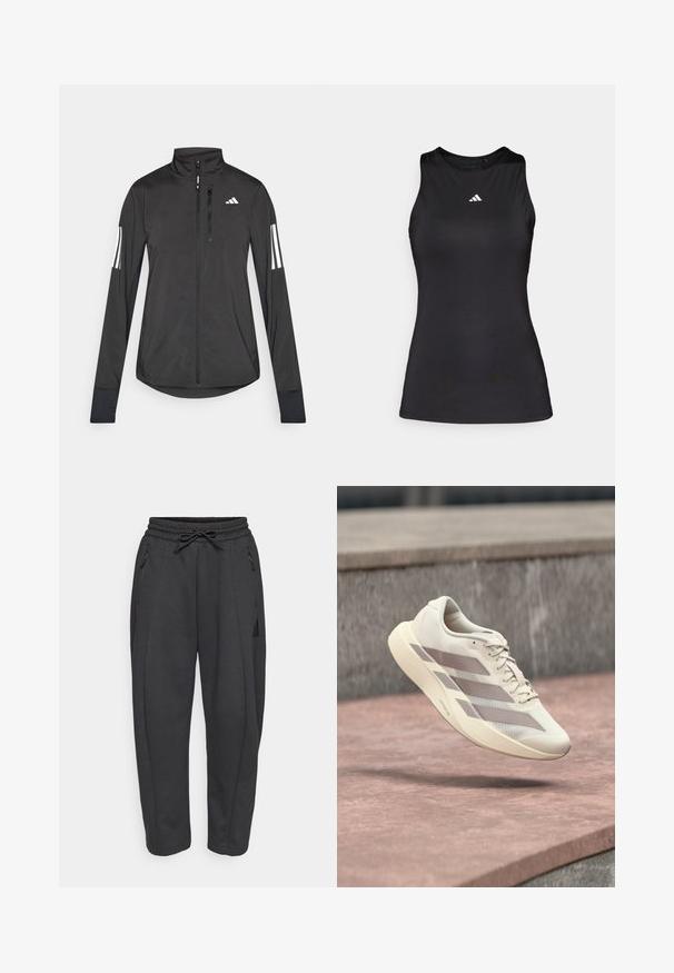 Veste de sport noire en matériau léger. Dotée d'une fermeture éclair sur le devant, d'un col haut et de trois rayures blanches sur chaque manche.; Débardeur de sport noir sans manches en tissu lisse. Il présente un col rond et un petit logo Adidas blanc sur la poitrine.; Pantalons de sport noirs avec une taille élastique, cordon de serrage, poches zippées sur les côtés et jambes fuselées. Fabriqués en tissu doux et texturé.; Chaussure de course couleur crème avec des rayures taupe flottant au-dessus d'une surface carrelée rouge-brun et d'un fond en pierre grise.