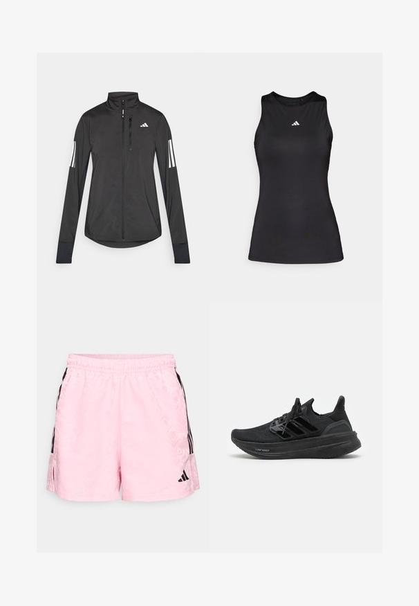 Schwarze Sportjacke aus leichtem Material. Mit einem Frontreißverschluss, hohem Kragen und drei weißen Streifen an jedem Ärmel.; Schwarzes ärmelloses Sportoberteil aus glattem Stoff. Verfügt über einen runden Halsauschnitt und ein kleines weißes Adidas-Logo auf der Brust.; adidas Sportswear TIRO - Kurze Sporthose - true pink/black; Schwarze Sportschuhe mit einem atmungsaktiven Strick-Obermaterial, strukturiertem Design, den charakteristischen drei Streifen und einer dicken, gepolsterten Sohle mit der Bezeichnung "LIGHT BOOST".