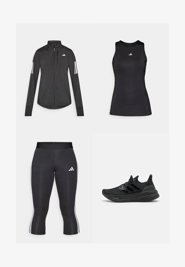 Schwarze Sportjacke aus leichtem Material. Mit einem Frontreißverschluss, hohem Kragen und drei weißen Streifen an jedem Ärmel.; Schwarzes ärmelloses Sportoberteil aus glattem Stoff. Verfügt über einen runden Halsauschnitt und ein kleines weißes Adidas-Logo auf der Brust.; Schwarze Capri-Leggings mit breitem Bund, versehen mit weißen seitlichen Streifen und einem weißen Adidas-Logo auf dem linken Oberschenkel. Glatte Textur.; Schwarze Sportschuhe mit einem atmungsaktiven Strick-Obermaterial, strukturiertem Design, den charakteristischen drei Streifen und einer dicken, gepolsterten Sohle mit der Bezeichnung "LIGHT BOOST".