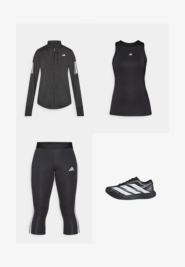 Sort atletisk jakke lavet af let materiale. Har en frontlynlås, høj krave og tre hvide striber på hver ærme.; Sort ærmeløs atletisk top lavet af glat stof. Har en rund halsudskæring og et lille hvidt Adidas-logo på brystet.; Sorte capri leggings med en bred talje, udstyret med hvide sideløsninger og et hvidt Adidas-logo på venstre lår. Glat tekstur.; Sort og grå løbesko med tre store hvide striber på siden og tyk sort sål mærket "Lightstrike Pro."
