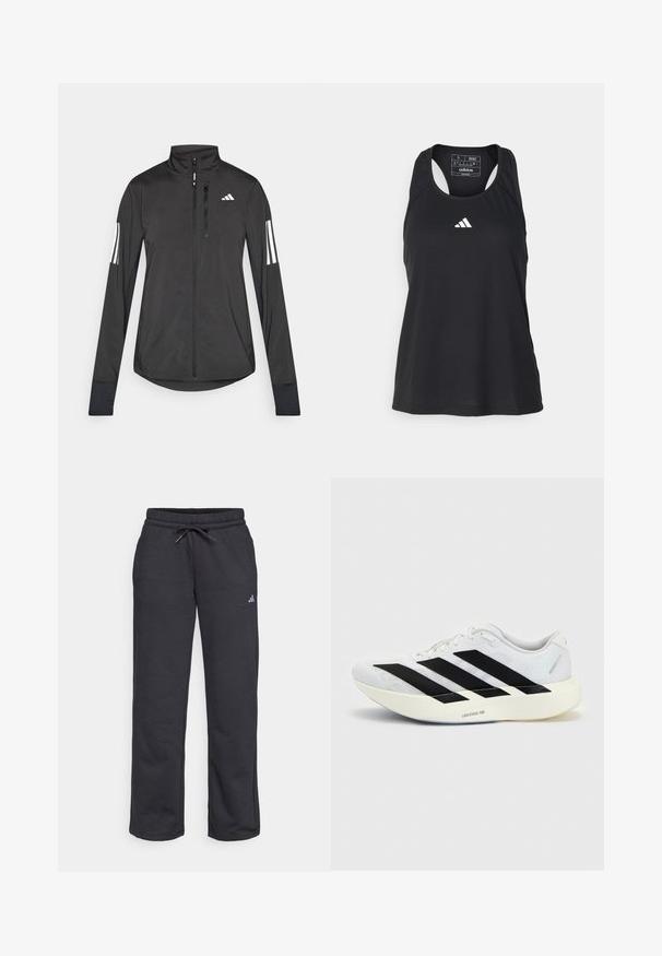 Schwarze Sportjacke aus leichtem Material. Mit einem Frontreißverschluss, hohem Kragen und drei weißen Streifen an jedem Ärmel.; Schwarzes ärmelloses Sport-Tanktop mit rundem Ausschnitt und weißem Logo auf der Brust. Hergestellt aus einem glatten, leichten Stoff.; Schwarze Jogginghose aus weichem Stoff, mit elastischem Bund, Kordelzug und kleinem Logo am linken Bein.; Weißer Laufschuh mit schwarzem Drei-Streifen-Design an der Seite und dicker weißer Sohle mit der Aufschrift "Lightstrike Pro" auf einfarbigem Hintergrund.