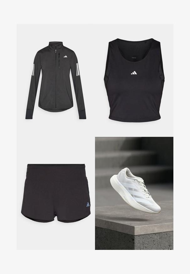 Sort atletisk jakke lavet af let materiale. Har en frontlynlås, høj krave og tre hvide striber på hver ærme.; Sort sports crop top lavet af fugttransporterende stof, med rund hals, ærmeløs design og hvidt logo på brystet.; Sorte træningsshorts med en tekstureret overflade, der har en bred elastisk talje og et Adidas-logo i lyseblå på nederste venstre side.; Hvid atletiksko med en struktureret overlæder, tre laterale striber, polstret sål og rundet tå, placeret over en betongulv.