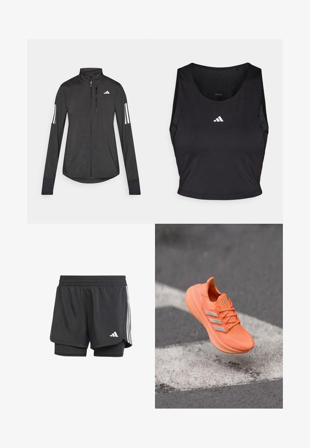 Sort atletisk jakke lavet af let materiale. Har en frontlynlås, høj krave og tre hvide striber på hver ærme.; Sort sports crop top lavet af fugttransporterende stof, med rund hals, ærmeløs design og hvidt logo på brystet.; Sorte atletiske shorts med indre lag, elastisk talje og hvide tre striber på siderne, der har et lille hvidt logo. Glat tekstur.; Lys orange sportssko med tekstureret overdel, reflekterende sølvstriber og polstret sål, svævende over en grå overflade.