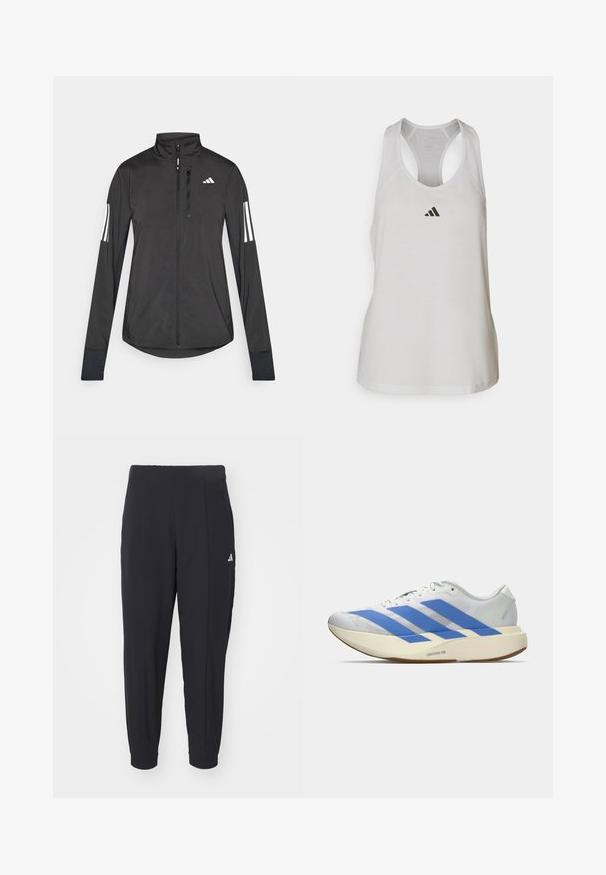 Chaqueta deportiva negra hecha de material ligero. Cuenta con una cremallera frontal, un cuello alto y tres franjas blancas en cada manga.; Camiseta deportiva blanca de tirantes, confeccionada en un tejido ligero, con un diseño de espalda cruzada y un pequeño logo negro en el pecho.; Pantalones deportivos negros fabricados con una tela suave. Diseño entallado con puños elásticos. Presenta un pequeño logo blanco en la cadera izquierda.; Zapatilla blanca para correr con tres rayas azules, suela gruesa beige claro etiquetada con "Lightstrike Pro," y cordones blancos sobre un fondo sencillo.