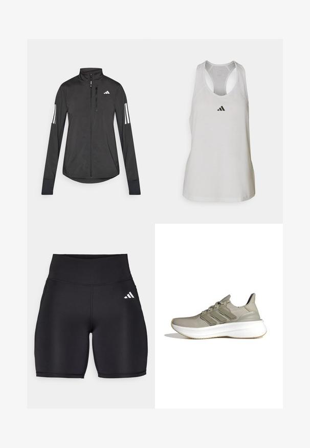 Zwarte sportjack gemaakt van lichtgewicht materiaal. Voorzien van een ritssluiting aan de voorkant, hoge kraag en drie witte strepen op elke mouw.; Witte sportieve tanktop van lichtgewicht stof met een racerback ontwerp en een klein zwart logo op de borst.; Zwarte sportshorts van rekbaar materiaal, met een hoge tailleband, een gladde textuur en een wit logo met drie strepen aan de zijkant.; Lichtgrijze sportschoenen met een bovenwerk van mesh, drie horizontale strepen, een gepolsterde kraag en een witte gestructureerde tussenzool. Rubberen buitenzool.