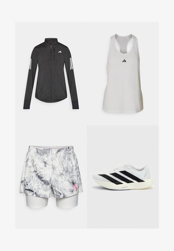 Veste de sport noire en matériau léger. Dotée d'une fermeture éclair sur le devant, d'un col haut et de trois rayures blanches sur chaque manche.; Débardeur de sport blanc en tissu léger avec un dos nageur et un petit logo noir sur la poitrine.; Shorts avec un motif abstrait gris et blanc, dotés d'une taille élastique, d'une doublure intérieure et d'un accent de logo rose sur le côté.; Chaussure de running blanche avec motif trois bandes noires sur le côté et semelle blanche épaisse étiquetée "Lightstrike Pro" sur fond uni.