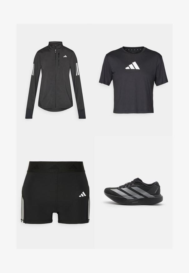 Sort atletisk jakke lavet af let materiale. Har en frontlynlås, høj krave og tre hvide striber på hver ærme.; Sort cropped t-shirt lavet af glat stof, prydet med et hvidt Adidas-logo på brystet, rund halsudskæring og korte ærmer.; Sorte atletiske shorts lavet af strækbart materiale. Har en bred sort talje med præget logo og hvide sidestriber.; Sort løbesko med sølvstriber, tyk polstret sål mærket "Lightstrike Pro," set fra siden på hvid baggrund.