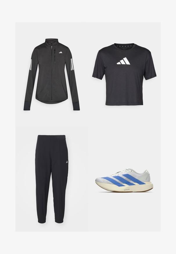 Zwarte sportjack gemaakt van lichtgewicht materiaal. Voorzien van een ritssluiting aan de voorkant, hoge kraag en drie witte strepen op elke mouw.; Zwarte cropped t-shirt van gladde stof, met een witte Adidas-logo op de borst, ronde halslijn en korte mouwen.; Zwarte sportbroek gemaakt van een gladde stof. Tapervormig ontwerp met elastische boorden. Voorzien van een klein wit logo op de linkerheup.; Witte hardloopschoen met drie blauwe strepen, lichtbeige dikke zool met label "Lightstrike Pro," en witte veters op een effen achtergrond.