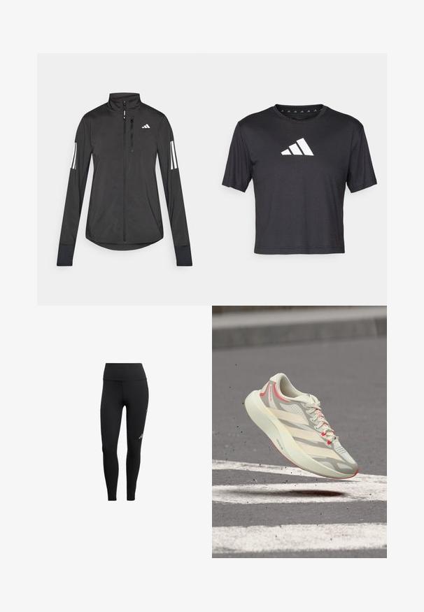 Veste de sport noire en matériau léger. Dotée d'une fermeture éclair sur le devant, d'un col haut et de trois rayures blanches sur chaque manche.; T-shirt noir court en tissu lisse, avec un logo Adidas blanc sur la poitrine, un col rond et des manches courtes.; Leggings noirs en tissu extensible, dotés d'une taille haute, d'un design épuré et d'un petit logo sur la jambe.; Chaussure de course gris clair et blanc avec des touches rouges, suspendue au-dessus d’un trottoir marqué d’une ligne blanche, montrant les détails de la semelle et du côté.