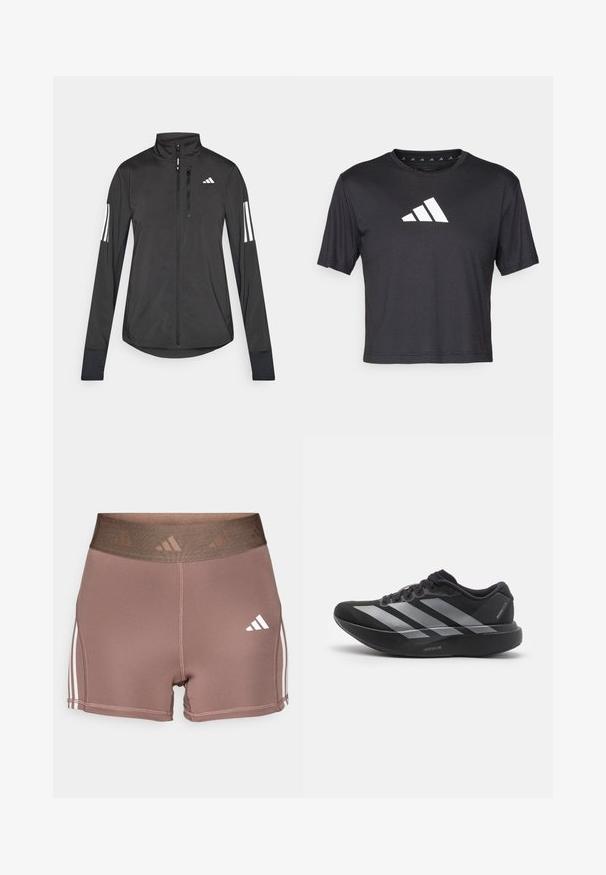 Sort atletisk jakke lavet af let materiale. Har en frontlynlås, høj krave og tre hvide striber på hver ærme.; Sort cropped t-shirt lavet af glat stof, prydet med et hvidt Adidas-logo på brystet, rund halsudskæring og korte ærmer.; Brune træningsshorts med en bred, tekstureret talje. Har hvide tre-stribede accenter langs siderne og et lille hvidt logo.; Sort løbesko med sølvstriber, tyk polstret sål mærket "Lightstrike Pro," set fra siden på hvid baggrund.