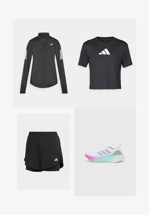 Veste de sport noire en matériau léger. Dotée d'une fermeture éclair sur le devant, d'un col haut et de trois rayures blanches sur chaque manche.; T-shirt noir court en tissu lisse, avec un logo Adidas blanc sur la poitrine, un col rond et des manches courtes.; Shorts de sport noirs avec une taille élastique, un design superposé, des shorts ajustés à l'intérieur et un logo blanc en bas à gauche.; Chaussure de course Adidas blanche avec des bandes grises et une semelle épaisse passant du rose au vert, arborant les textes "Lightboost" et "Ultraboost".