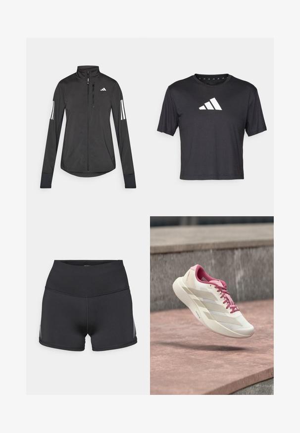 Sort atletisk jakke lavet af let materiale. Har en frontlynlås, høj krave og tre hvide striber på hver ærme.; Sort cropped t-shirt lavet af glat stof, prydet med et hvidt Adidas-logo på brystet, rund halsudskæring og korte ærmer.; Sorte atletikshorts med højt taljebånd, lavet af strækstof. Har hvide sidelommer og flatlock-sømme for komfort.; Lys beige og lyserød løbesko med polstret sål, lyserøde snører og tre beige striber svævende over en stenet overflade.