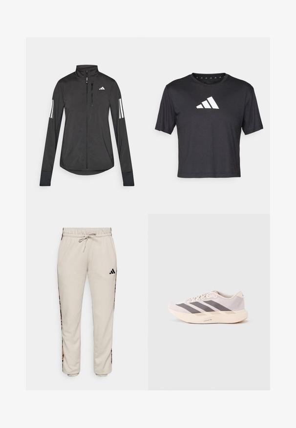 Zwarte sportjack gemaakt van lichtgewicht materiaal. Voorzien van een ritssluiting aan de voorkant, hoge kraag en drie witte strepen op elke mouw.; Zwarte cropped t-shirt van gladde stof, met een witte Adidas-logo op de borst, ronde halslijn en korte mouwen.; Lichtbeige sweatpants van zacht materiaal, met een trekkoord in de taille en zwarte zijpanelen met een luipaardpatroon.; Lichtgewicht sportieve sneakers in lichtroze en grijs, met een bovenwerk van mesh, drie donkere strepen, en een dikke crèmekleurige zool met het opschrift "LIGHTSTRIKE PRO".