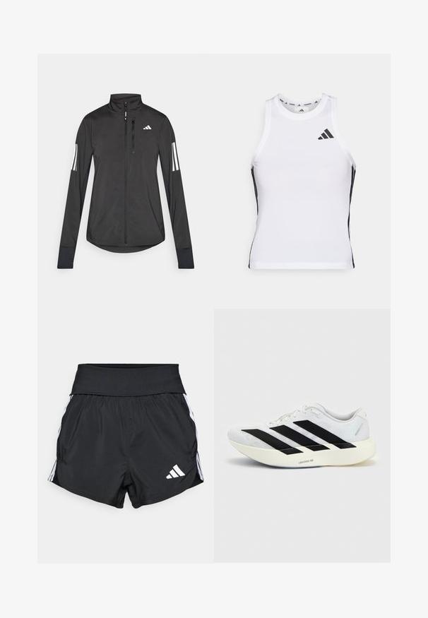 Sort atletisk jakke lavet af let materiale. Har en frontlynlås, høj krave og tre hvide striber på hver ærme.; Hvid athletic tanktop med sorte sideaccentuer og logo. Har en scoop-neckline og tætsiddende design, lavet af letvægts, åndbart materiale.; Sorte atletiske shorts lavet af letvægtsmateriale, med en bred talje, hvide sidelister og et lille hvidt logo nederst på sømmen.; Hvid løbesko med sort tre-stribet design på siden og tyk hvid sål mærket "Lightstrike Pro" på ensfarvet baggrund.